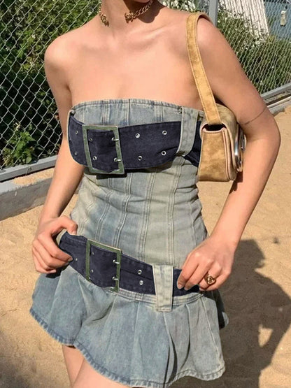 Vintage Denim Belted Bandeau Pleated Mini Dress