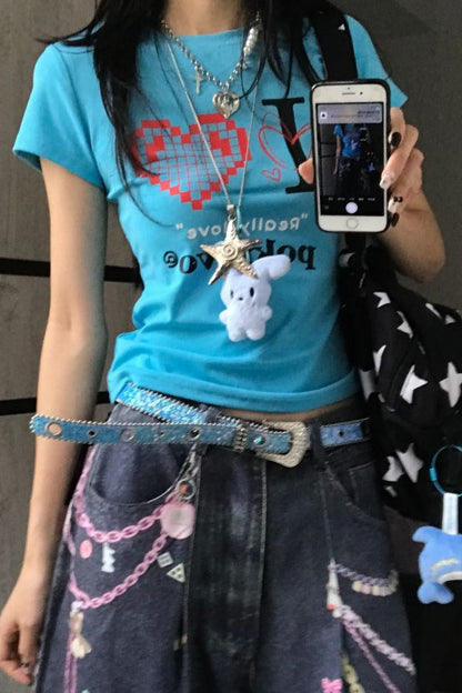 Blue Cotton Retro Printed Sweet Cool T-shirt