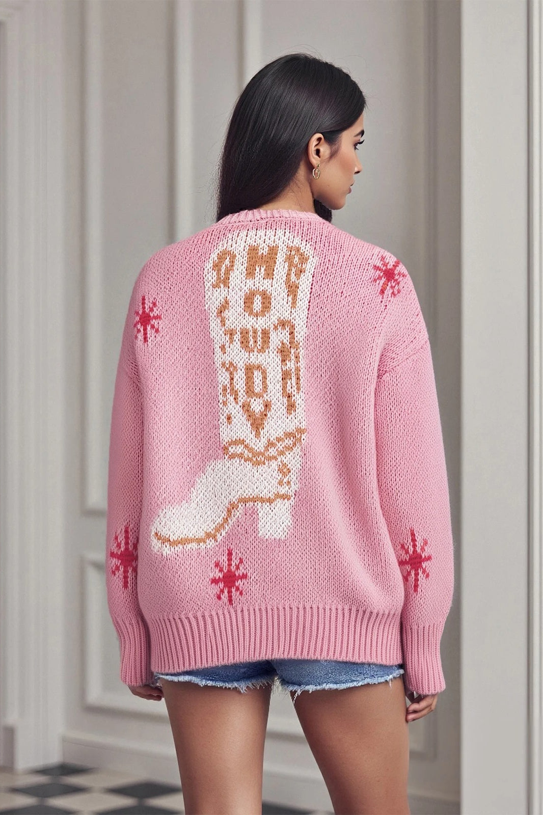 Boot Pattern V Neck Knit Cardigan