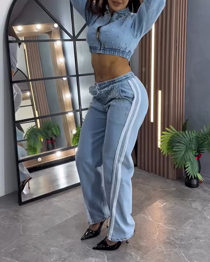 Decorative Straight-Leg Denim Pants Set (Pre-Sale)