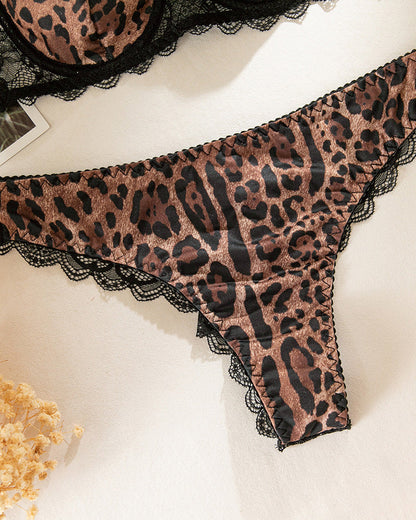 Lace Patchwork Leopard Print Underwire Push-up Breathable Bra Set