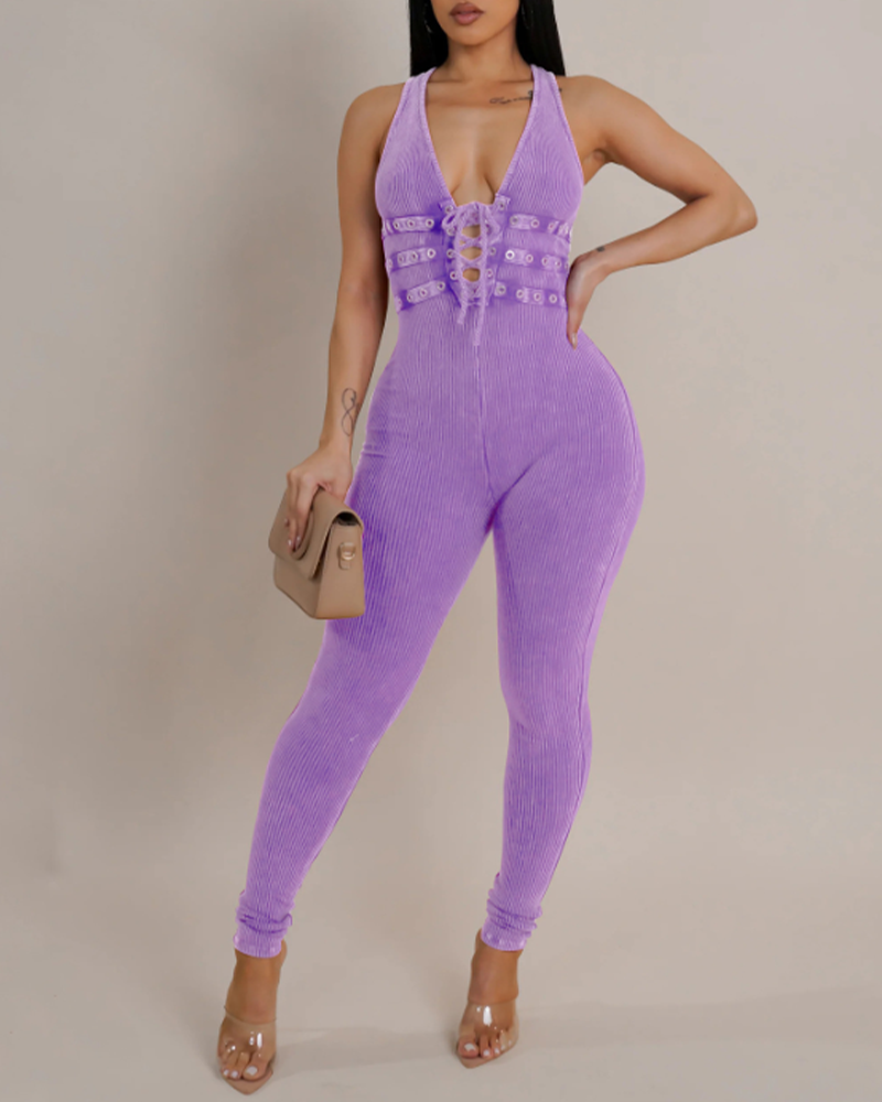 Washed Distressed Leggings Sleeveless Ribbed Jumpsuit