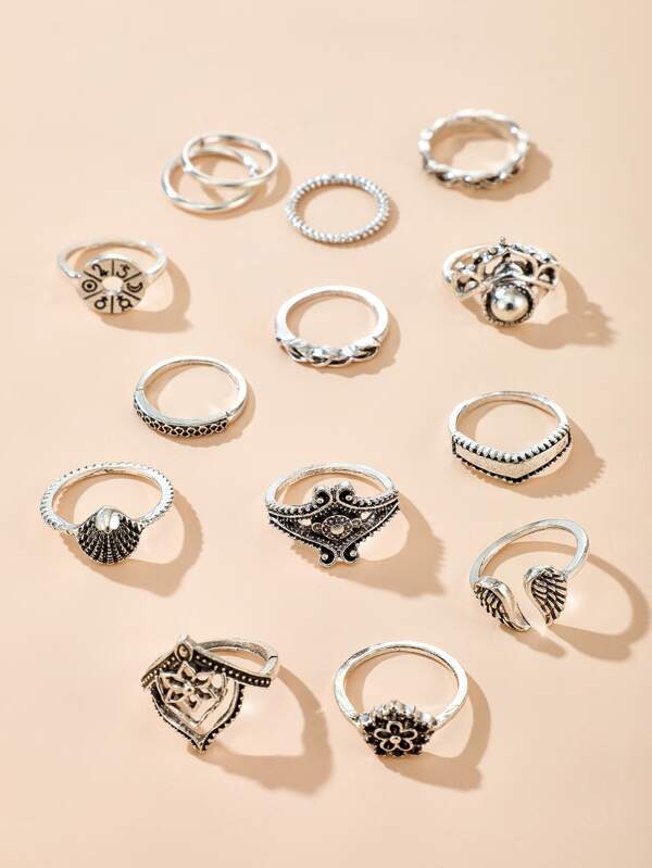 14pcs Retro Hollow Out Flower Shell Ring for Women