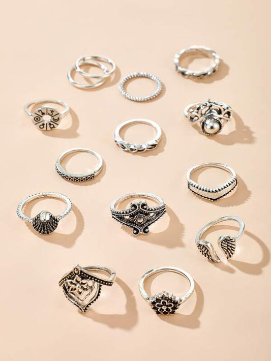 14pcs Retro Hollow Out Flower Shell Ring for Women