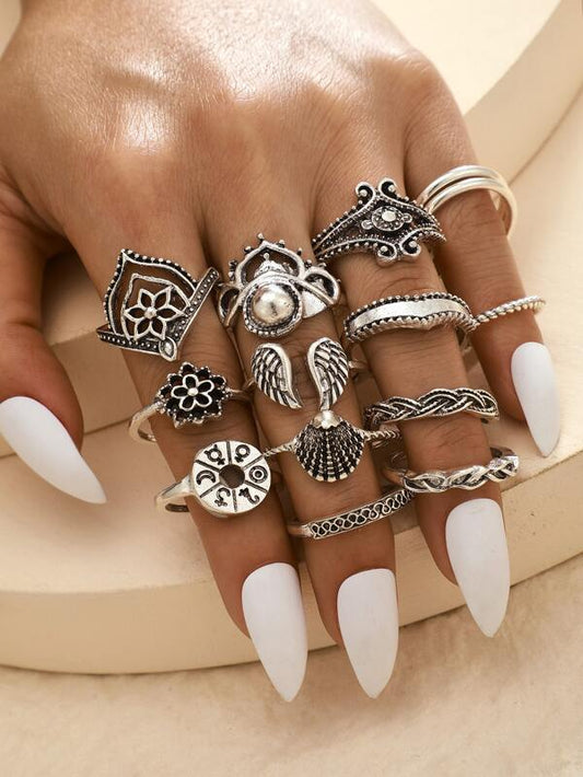 14pcs Retro Hollow Out Flower Shell Ring for Women