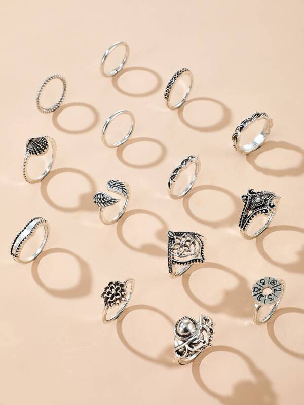 14pcs Retro Hollow Out Flower Shell Ring for Women