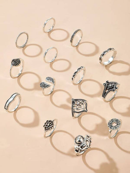 14pcs Retro Hollow Out Flower Shell Ring for Women