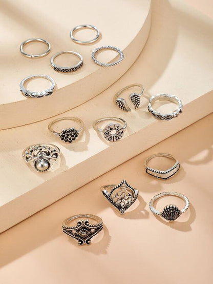 14pcs Retro Hollow Out Flower Shell Ring for Women
