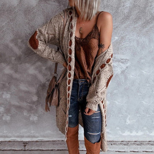 Cárdigan de punto abierto para mujer con estampado de rombos y coderas | Ideal para otoño/invierno