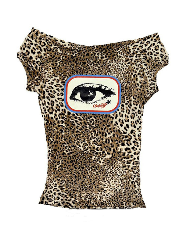 One Shoulder Leopard Print Short Sleeve Tee