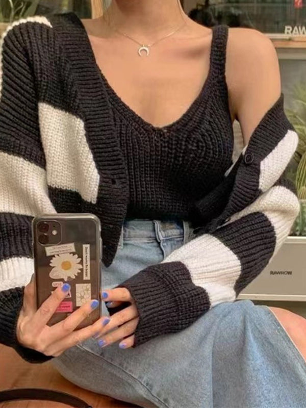 Stripe Splice Short Knit Cardigan