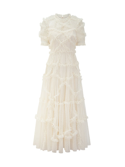 Ruffles Dress Illusion Neckline Ruffles Layered Tulle Maxi Dresses