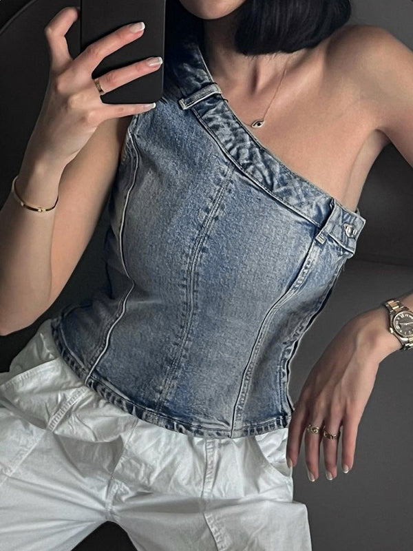 Vintage Denim One Shoulder Slim Bandeau Top