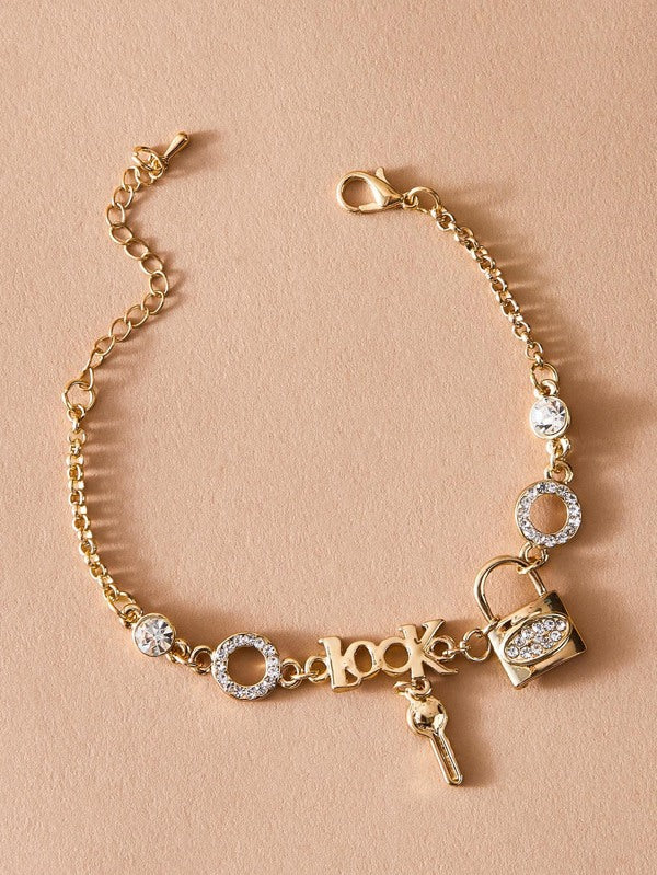 1pc Rhinestone Decor Lock & Key Charm Bracelet for Women