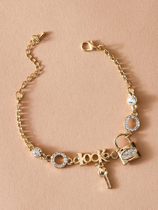 1pc Rhinestone Decor Lock & Key Charm Bracelet for Women