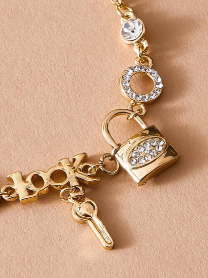 1pc Rhinestone Decor Lock & Key Charm Bracelet for Women