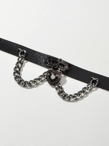 Black Gothic Ajustable Pu Leather Choker Collar Necklace With Heart Pendant for Women