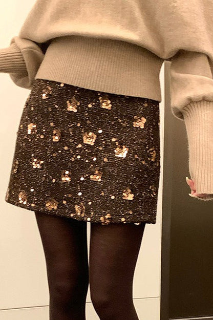Sequin Embroidered High Waist A-line Fitted Short Skirt