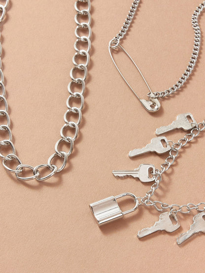 3pcs Lock & Key Charm Chain Necklace for Women