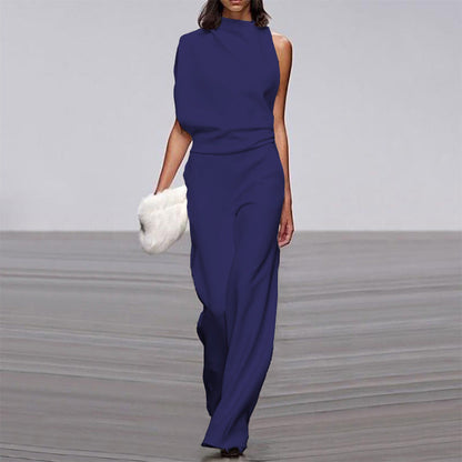 Women Pants Solid Color One Shoulder Pile Collar Jumpsuit Popular Dress Trousers