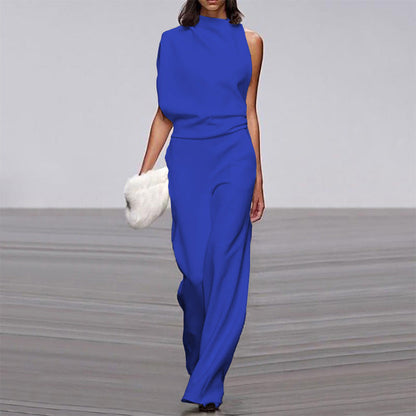 Women Pants Solid Color One Shoulder Pile Collar Jumpsuit Popular Dress Trousers