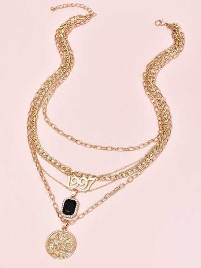Number & Roman Coin Charm Layered Necklace for Women