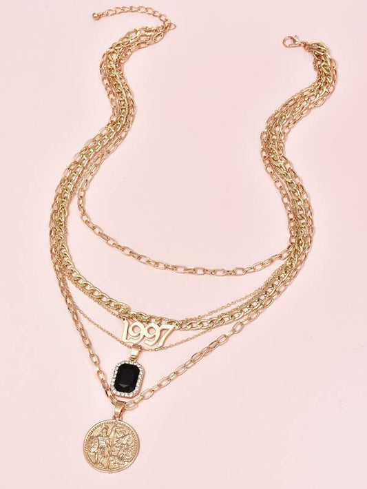 Number & Roman Coin Charm Layered Necklace for Women