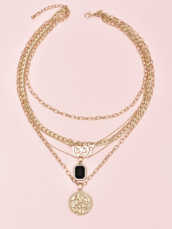Number & Roman Coin Charm Layered Necklace for Women