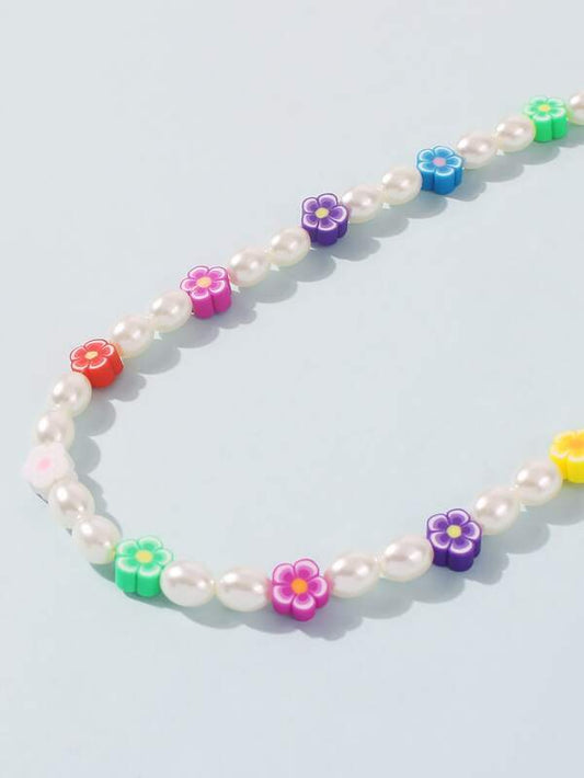 Faux Pearl & Flower Beaded Necklace for Women