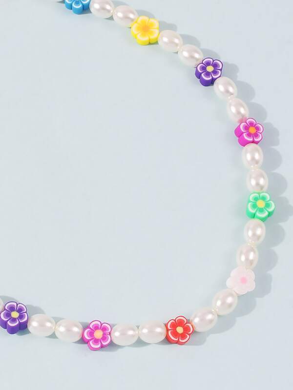 Faux Pearl & Flower Beaded Necklace for Women