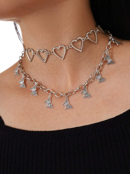 1pc Heart Decor Choker & 1pc Butterfly Decor Necklace for Women