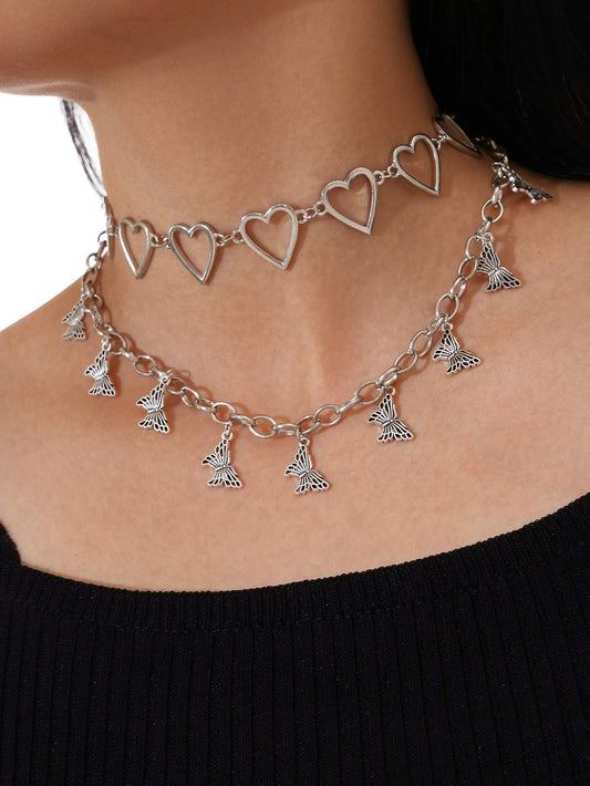 1pc Heart Decor Choker & 1pc Butterfly Decor Necklace for Women