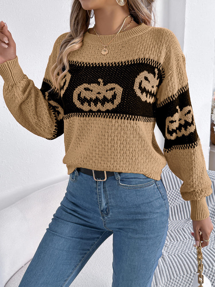 Suéter de punto con cuello redondo y bloques de color con cabeza de calabaza de Halloween 