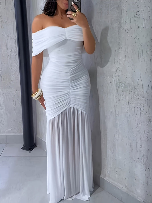Off Shoulder Fishtail 3D Pleats Mesh Splicing Formal Dress Maxi Dresses