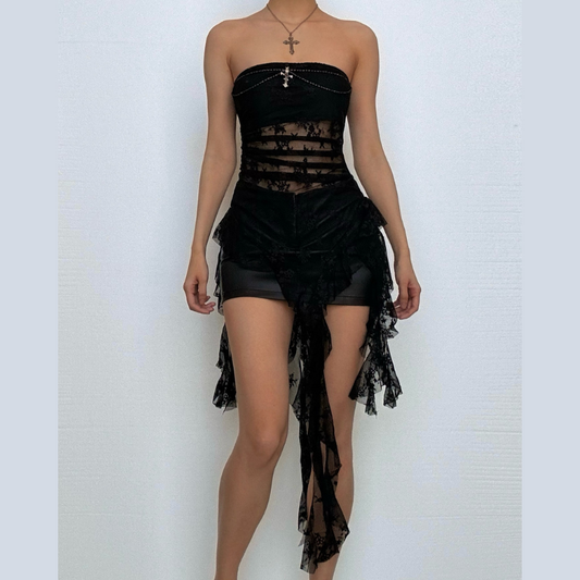 Lace cross applique irregular tube mini dress  | Festival Outfits Women