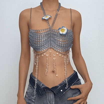 Halter beaded hollow out flower applique cami cut out top  | Festival Outfits Women