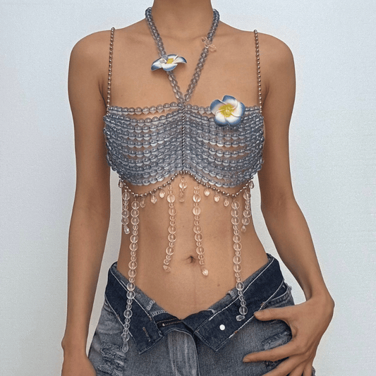 Halter beaded hollow out flower applique cami cut out top  | Festival Outfits Women