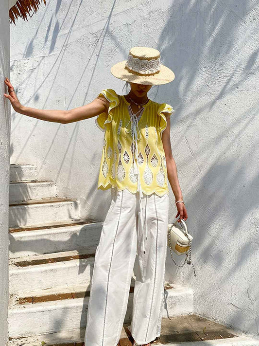 Peyton Vacation V-Neck Hollowed Embroidered Tie Blouse