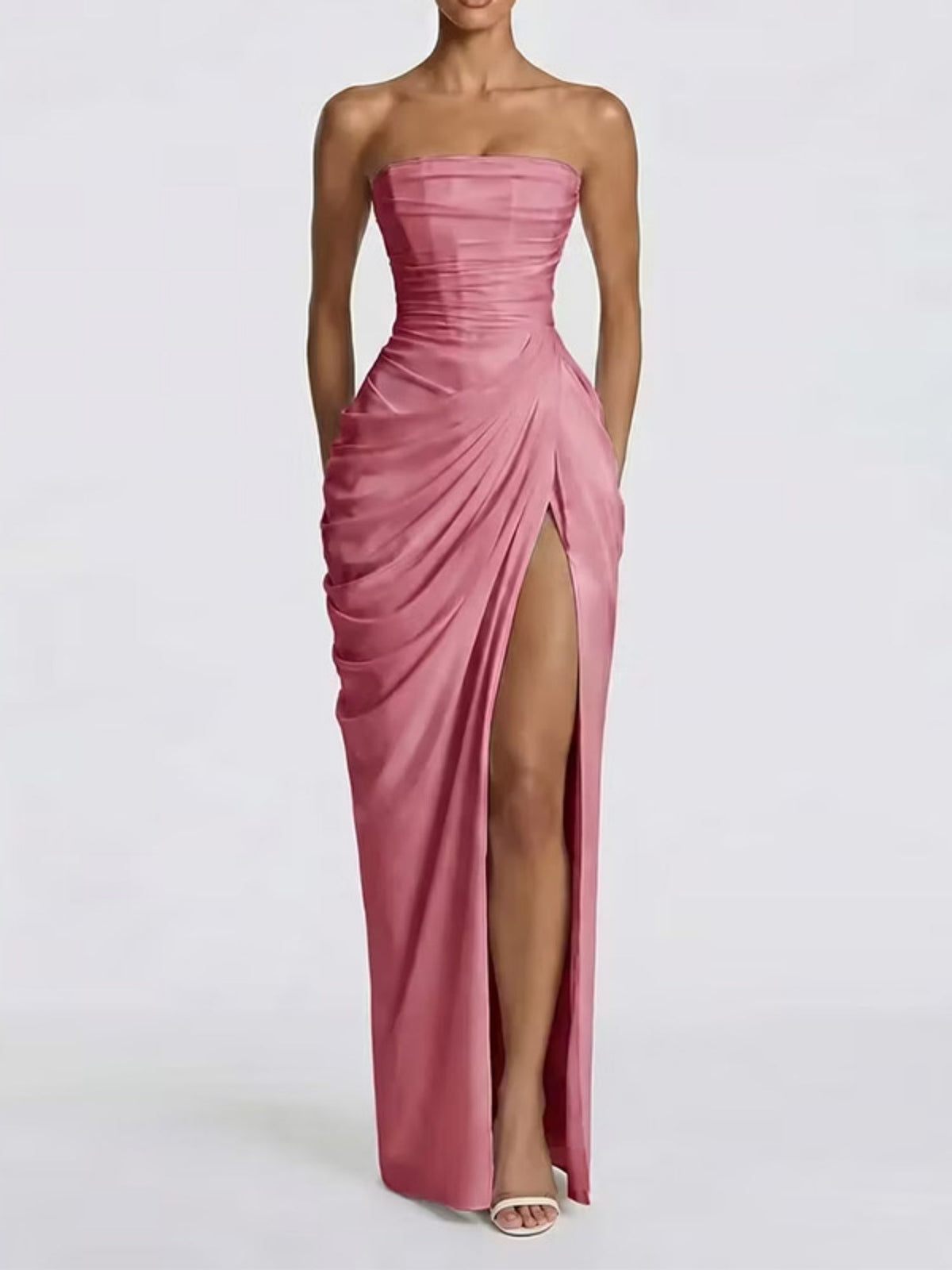 Pleated Slit Strapless Waist Maxi Dresses