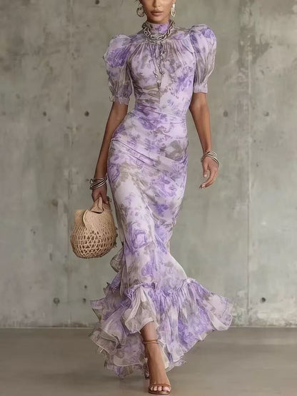 Floral Ruffles, Puff Sleeves, Cinched Waist Maxi Dresses