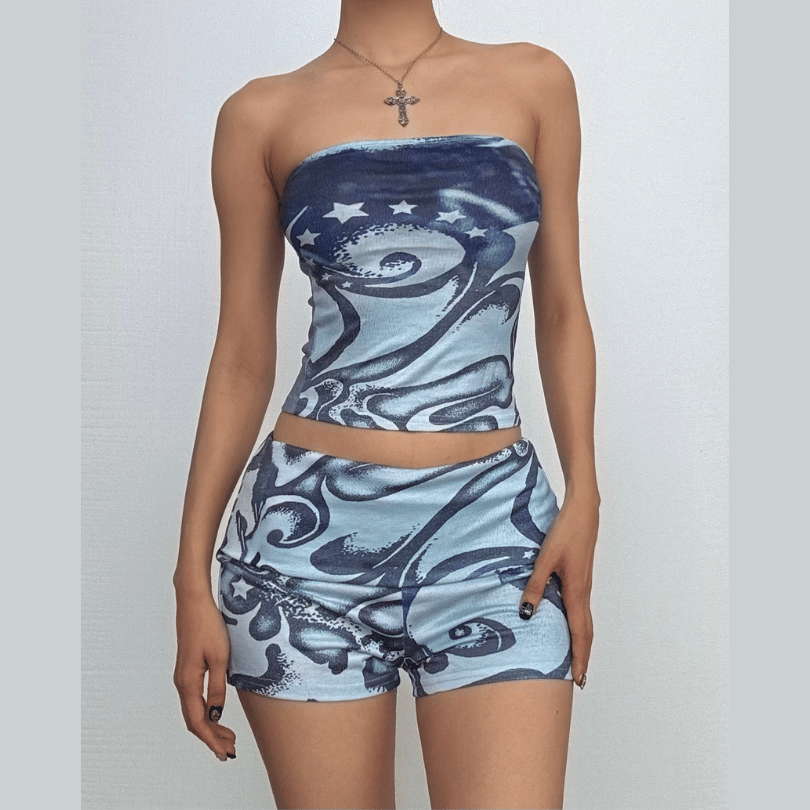 Abstract print backless contrast tube pant set  | Festival Outfits Women