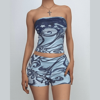 Abstract print backless contrast tube pant set  | Festival Outfits Women
