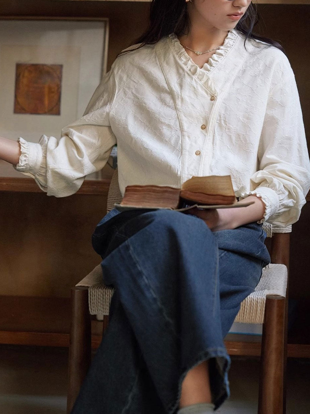 Madison Vintage V-Neck Ruffle Plaid Shirt