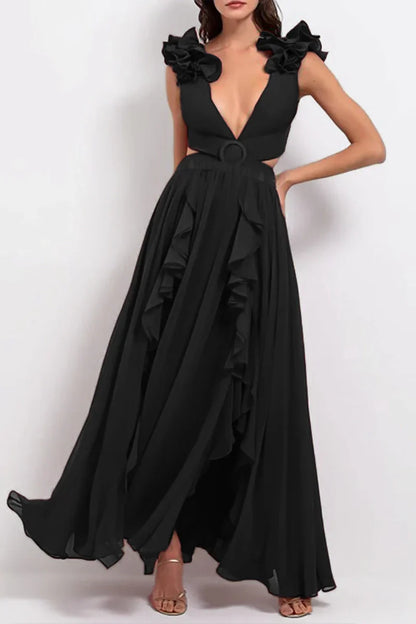 3D Floral Shoulder Detail Hollow Black Set