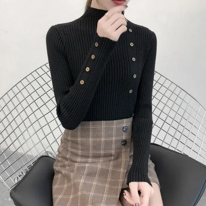 Jersey de cuello alto ajustado de punto elástico para mujer con botones | Ideal para otoño/invierno