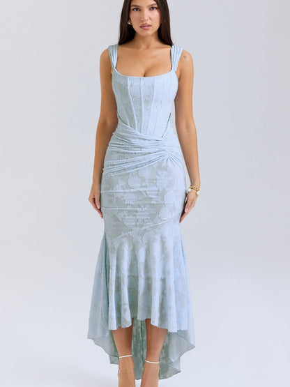 Floral Jacquard Fabric Boning Fishtail Maxi Dress