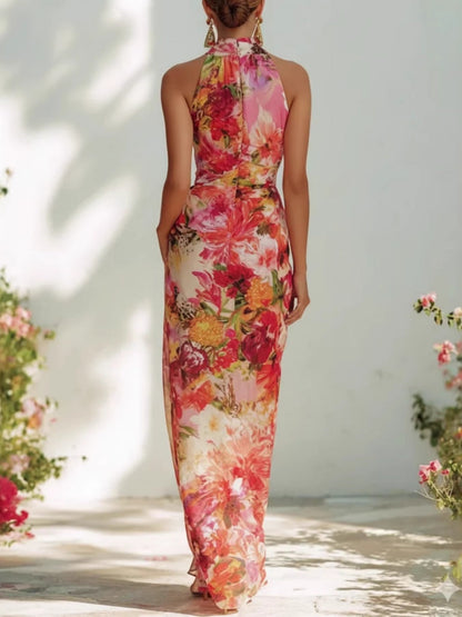 Halter Floral Waist Vacation Maxi Dresses