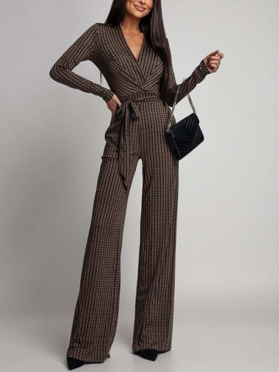 Zebra Print V-neck Long Sleeve Wide-leg Pants Jumpsuits