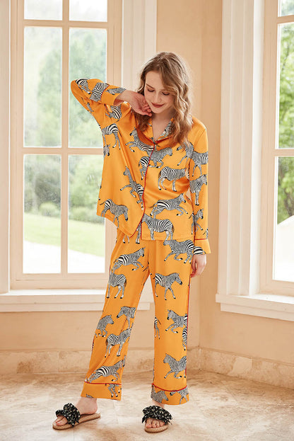 Conjunto de ropa de estar por casa de manga larga con estampado de cebra - Amarillo