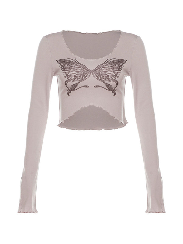 Butterfly Print Fungus Crop Long Sleeve Tee